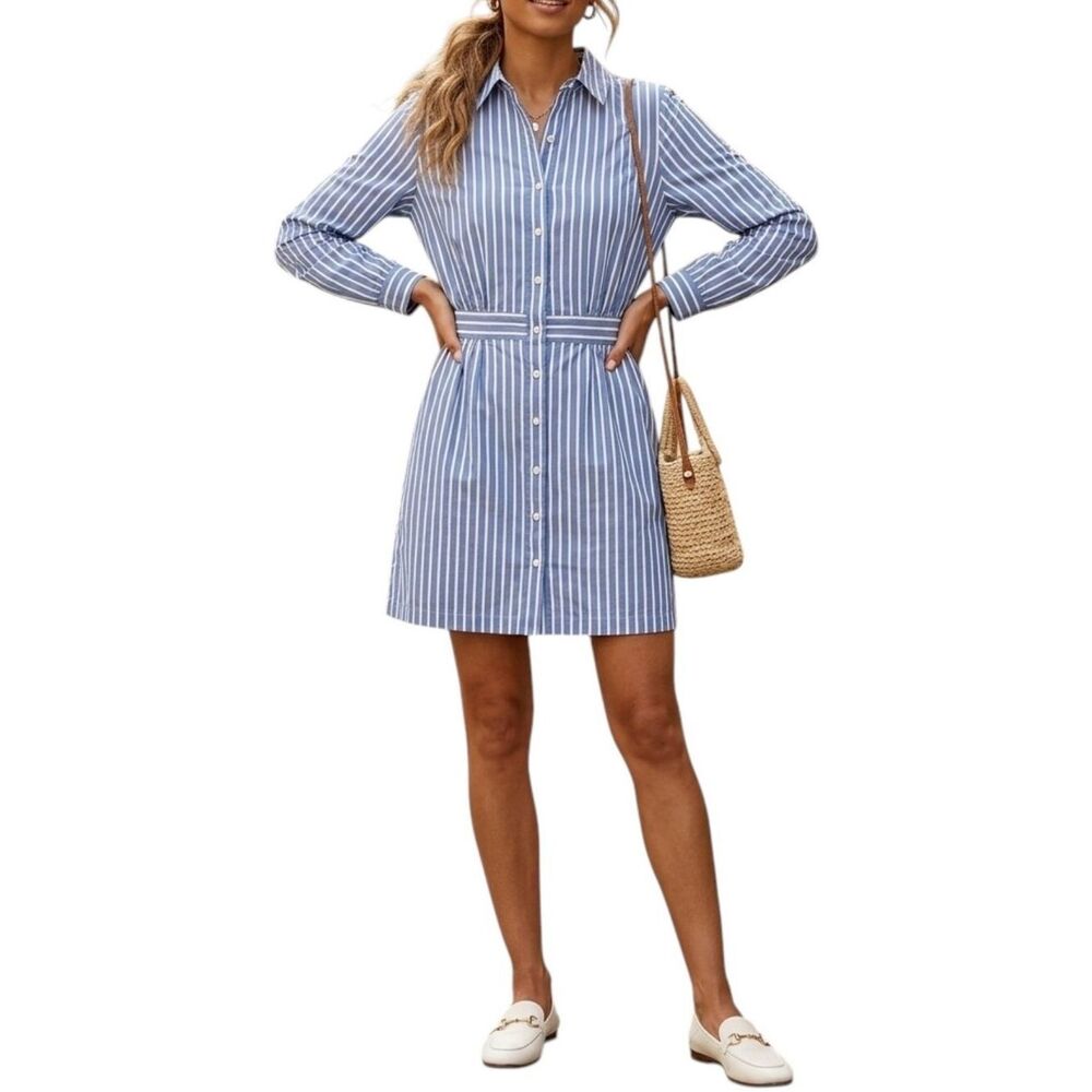 Rachel Parcell Striped Button Front Shirtdress Blue White Pleated Waist Small